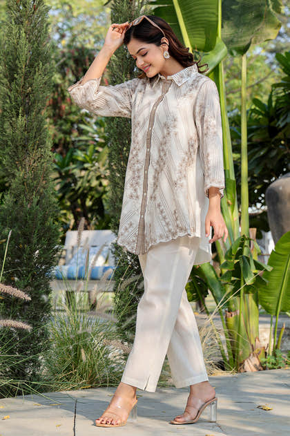 Cream Cotton Resham Embroidered Co-ord Set
