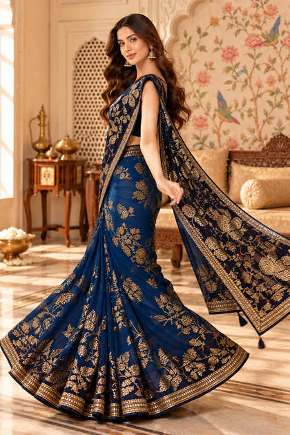 Blue Floral Sequins Embroidered Georgette Saree