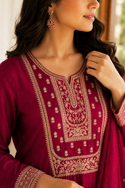 Maroon Crepe Silk Zari and Sequins Embroidered Anarkali Suit