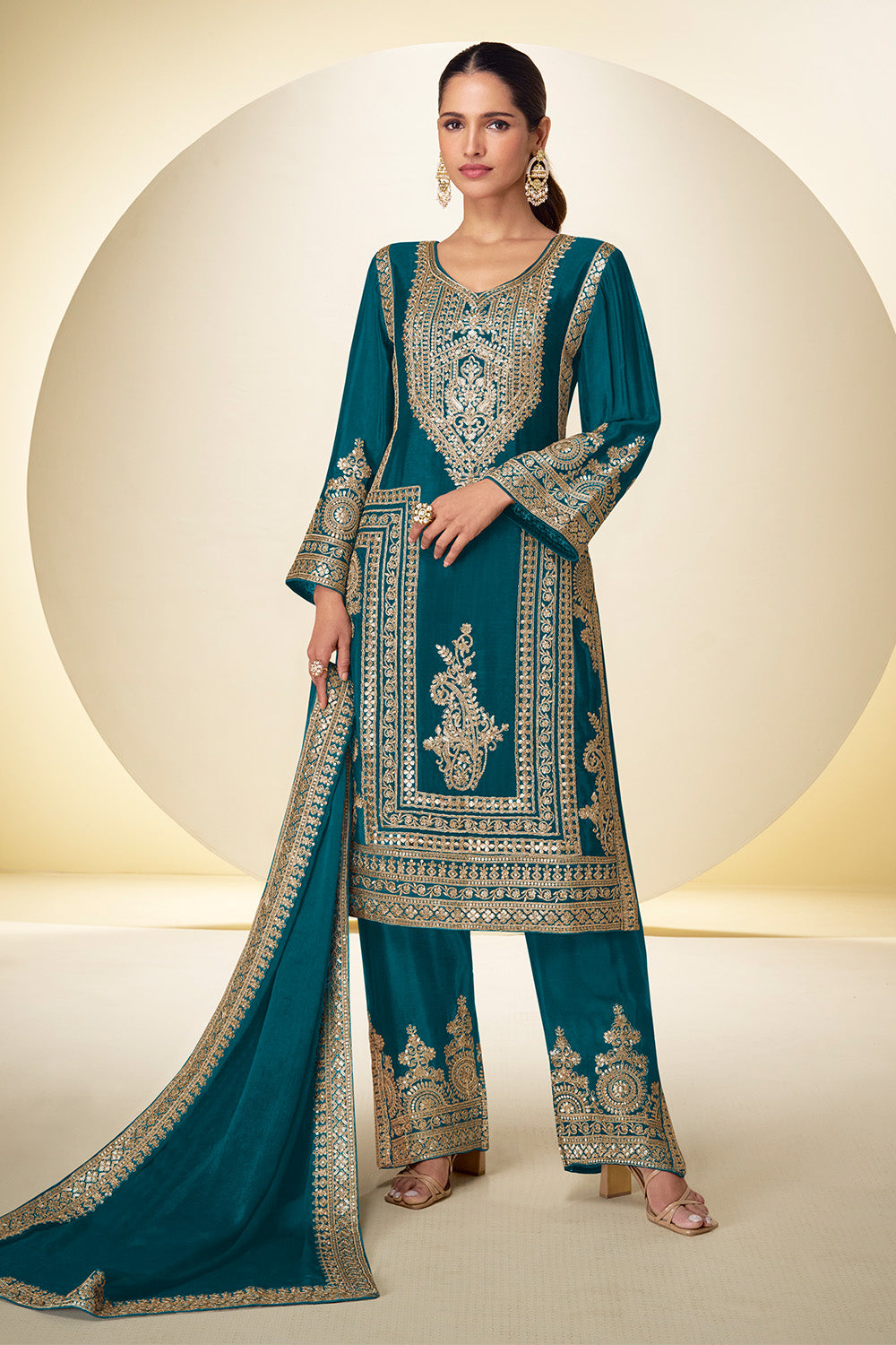 Crepe Silk Zari And Sequins Embroidered Suit Set