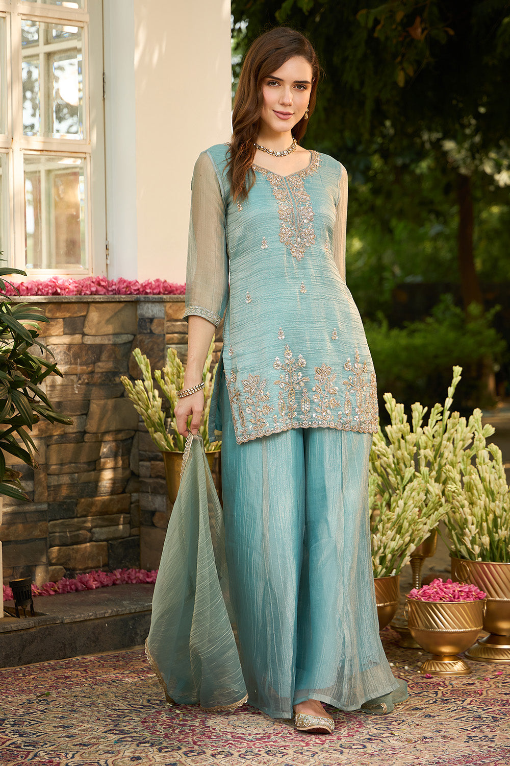 Turquoise Metallic Tissue Embroidered Suit With Palazzo