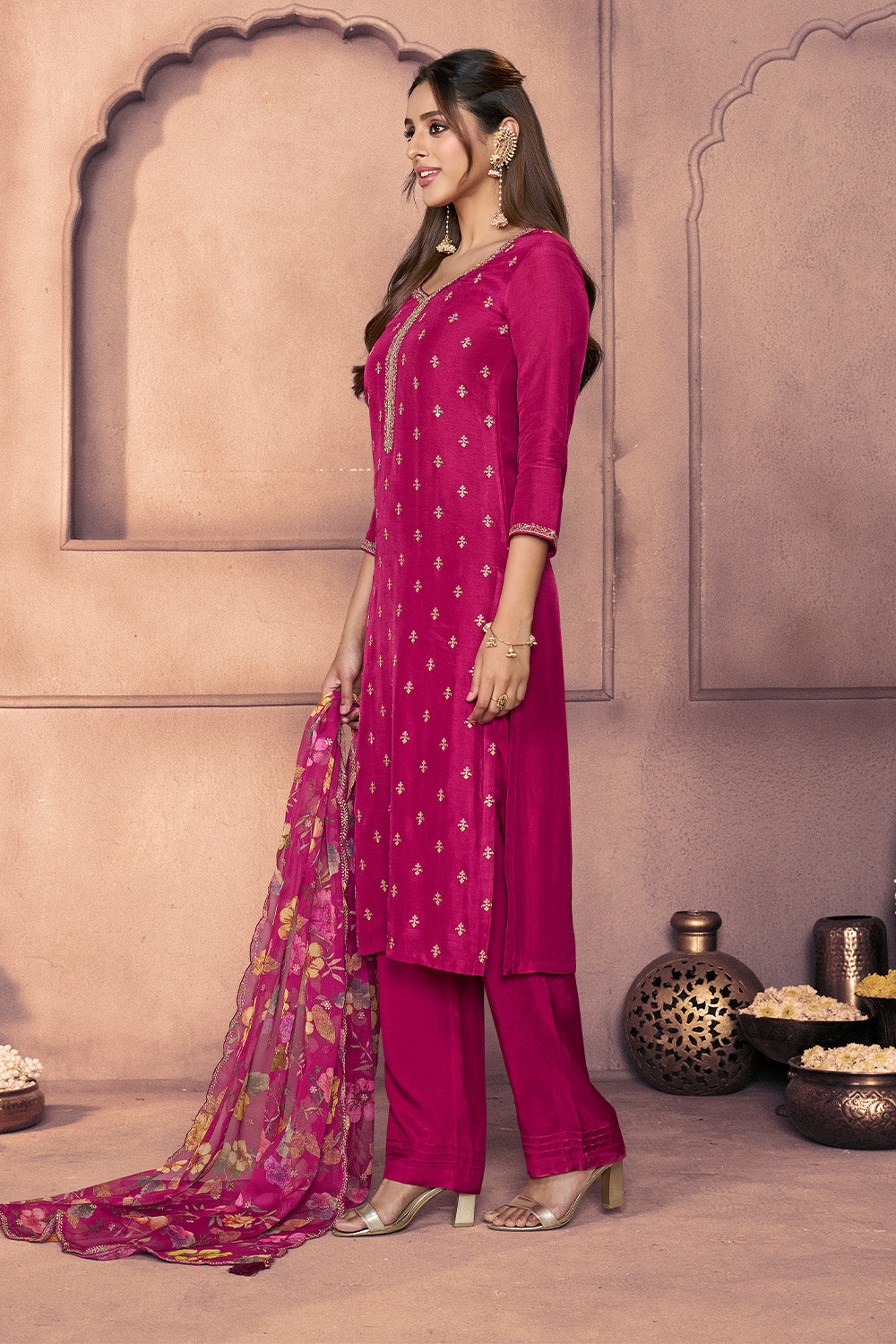 Cherry Red Embroidered Suit Set