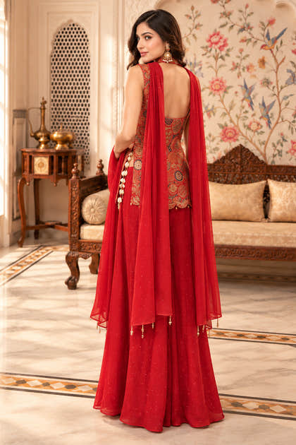 Rust Silk Embroidered Choli With Mukaish Work Georgette Sharara Set