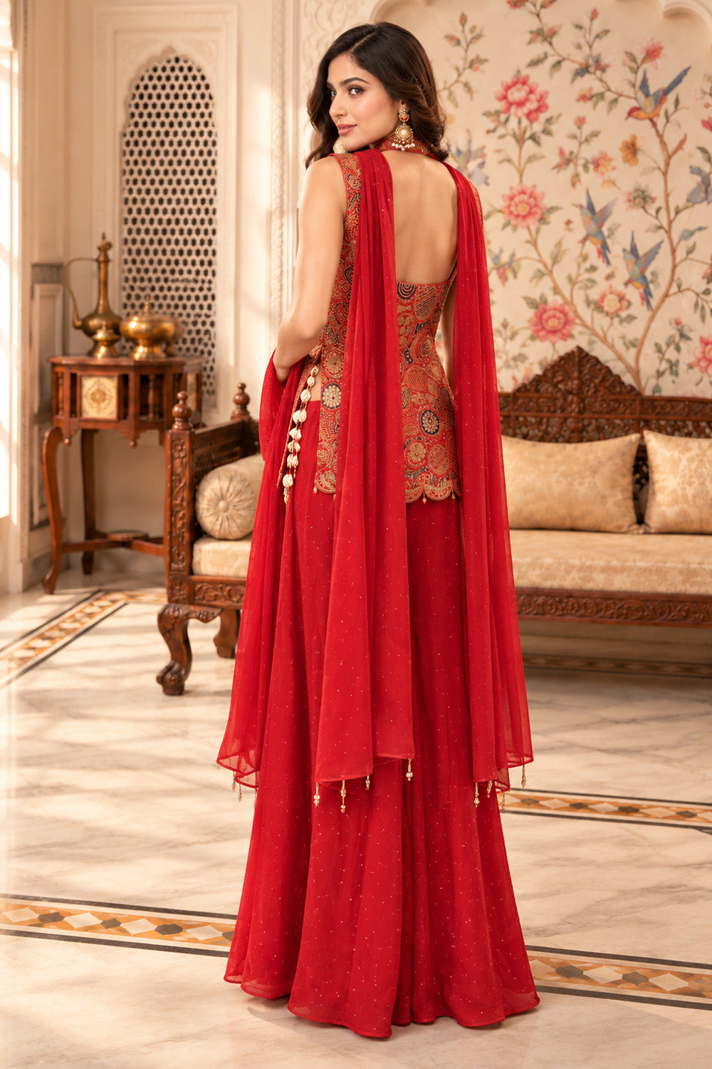 Rust Silk Embroidered Choli With Mukaish Work Georgette Sharara Set