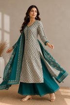 Grey And Teal Printed Chanderi Silk Suit