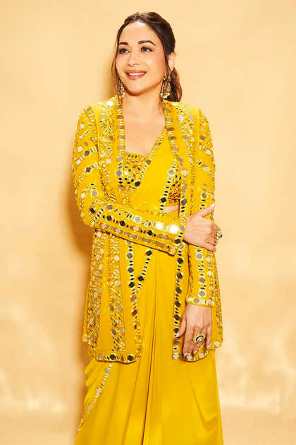 Mustard Color Georgette Mirror Embroidered Saree With Shrug