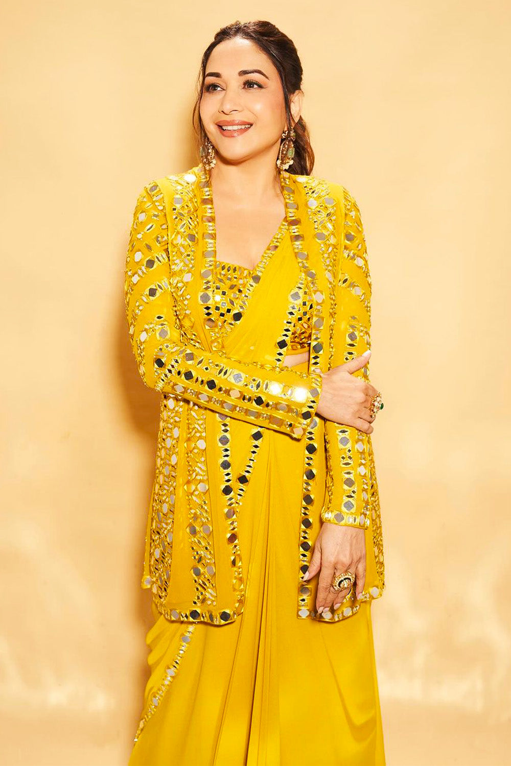 Mustard Color Georgette Mirror Embroidered Saree With Shrug