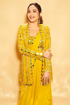 Mustard Color Georgette Mirror Embroidered Saree With Shrug