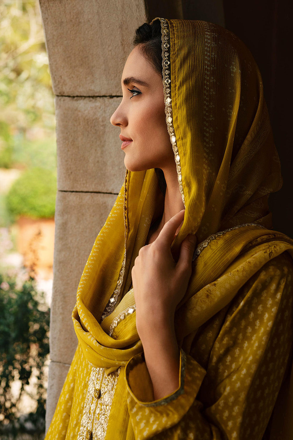 Mustard Silk Printed & Neck Embroidered Unstitched Suit