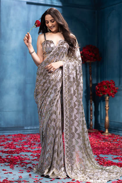 Grey Pure Georgette Sequins Embroidered Saree