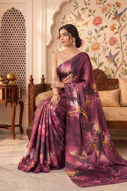 Maroon Satin Abstract Printed Saree
