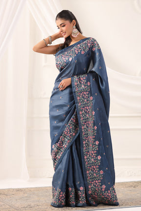Greyish Blue Tussar Silk Resham Floral Embroidered Saree