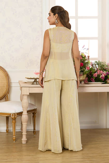 Beige Shimmer Fabric Embroidered Jacket, Crop Top & Palazzo Co-ord Set