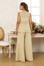 Beige Shimmer Fabric Embroidered Jacket, Crop Top & Palazzo Co-ord Set