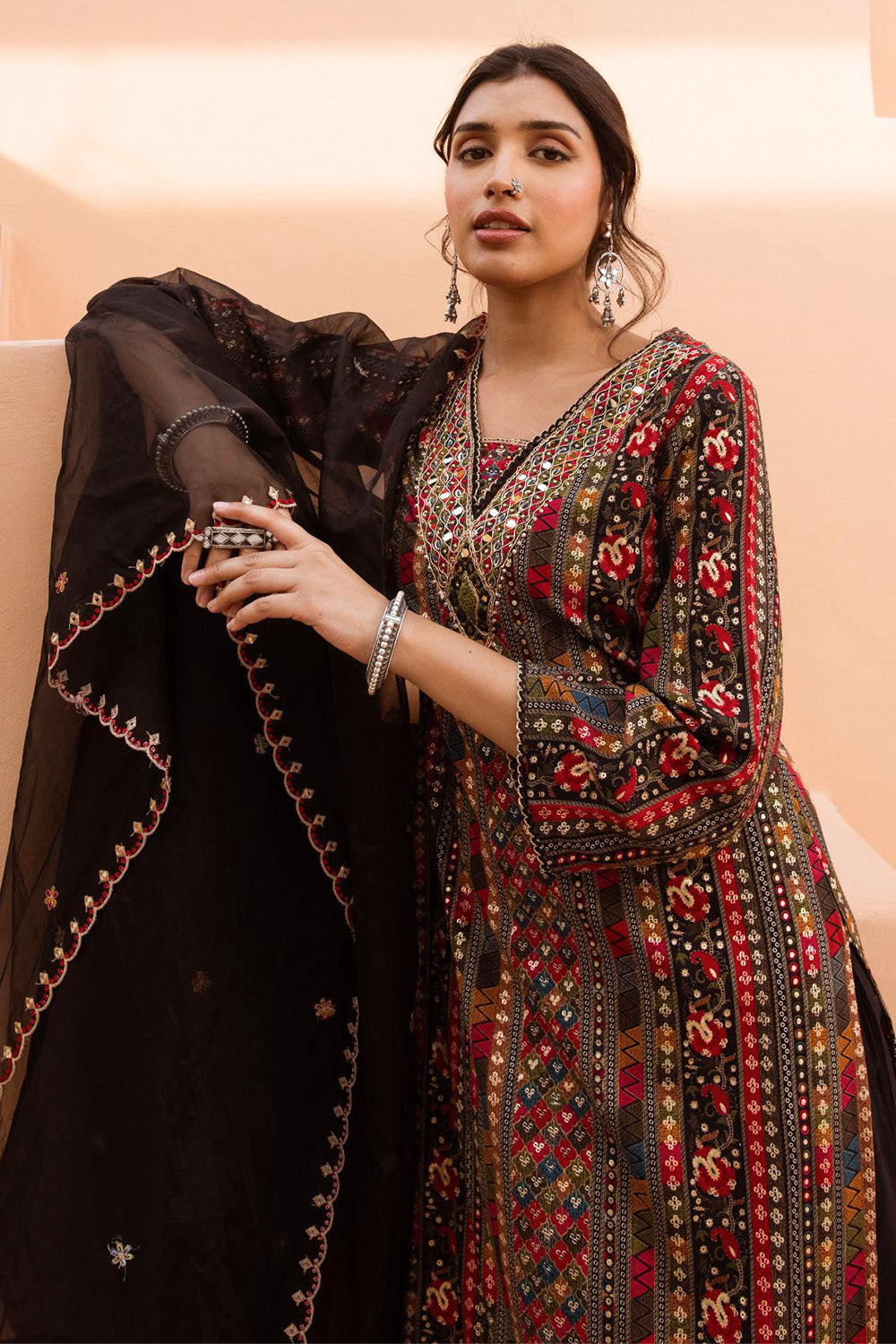 Black Color Rayon Cotton Printed Suit With Palazzo
