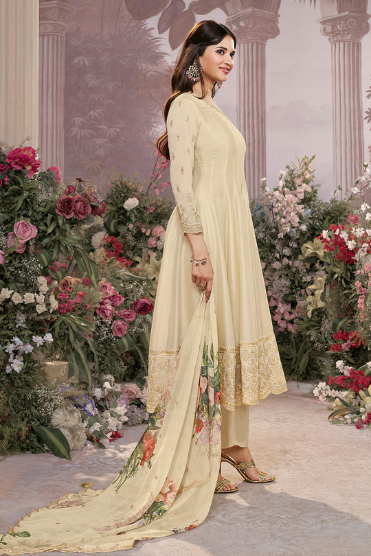 Cream Embroidered Crepe Silk Anarkali Suit