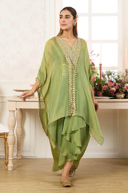 Green Shimmer Fabric Embroidered Cape Jacket with Crop Top & Dhoti Style Pant Co-ord Set