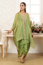 Green Shimmer Fabric Embroidered Cape Jacket with Crop Top & Dhoti Style Pant Co-ord Set