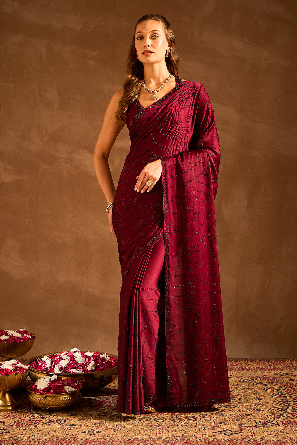 Dark Scarlet Swarovski Work Satin Saree
