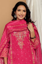 Magenta Pink Chanderi Silk Printed Straight Suit