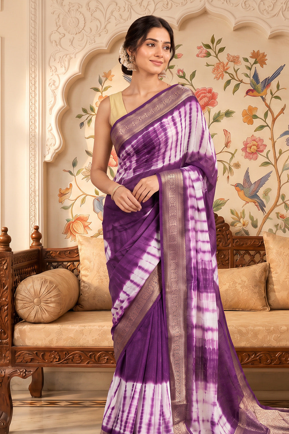 Purple Georgette Shibori Printed Saree