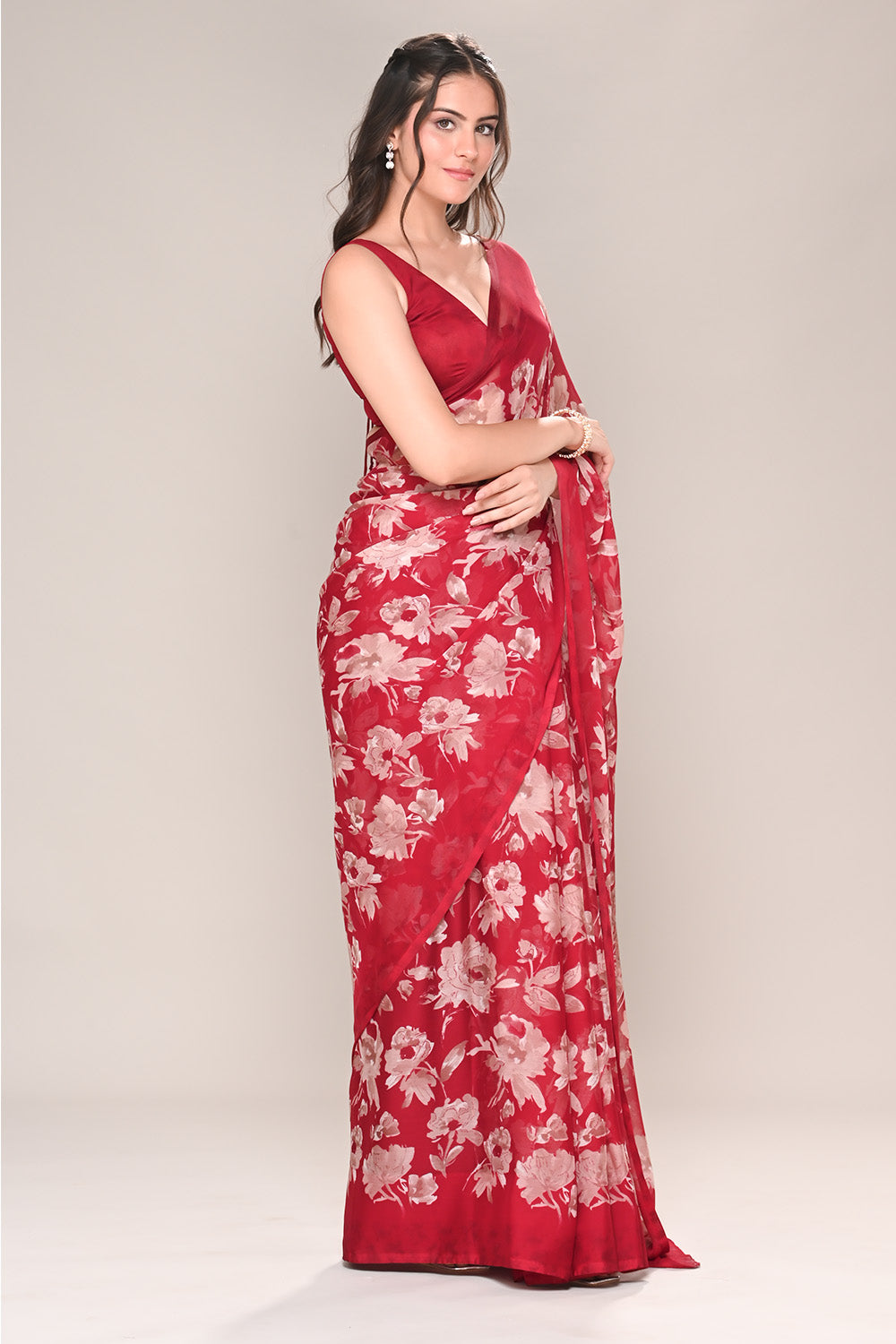 Maroon Color Floral Printed Chiffon Saree