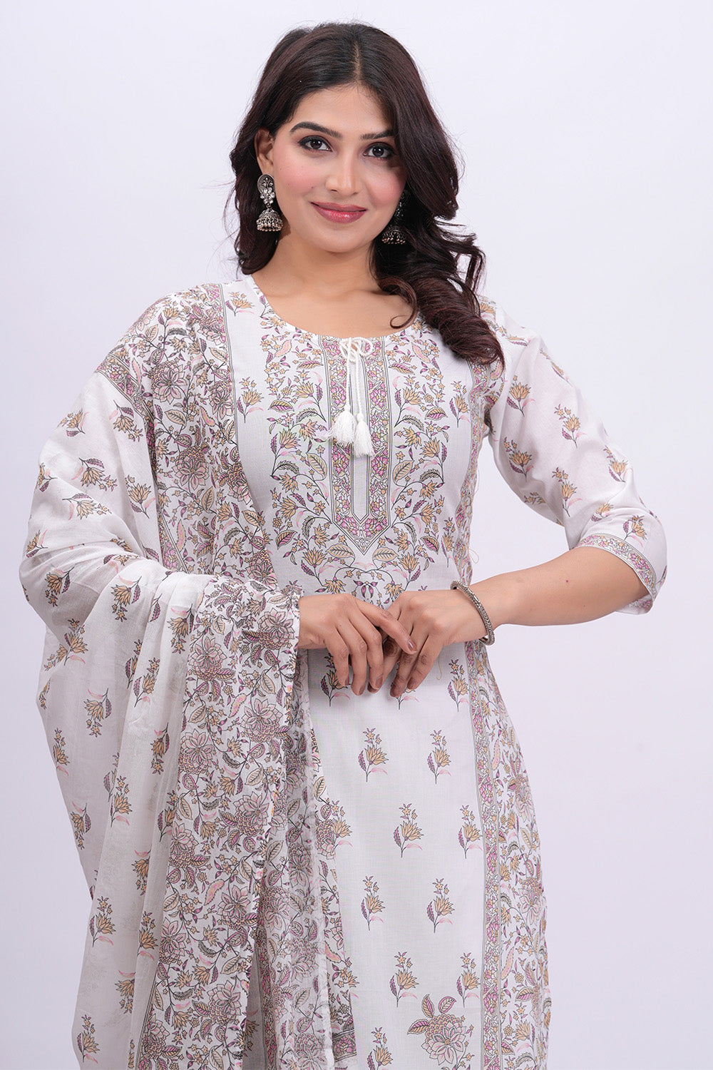 Pink & Cream Color Cotton Floral Printed Straight Suit