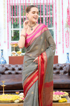 Black Chanderi Silk Printed And Zari Woven Saree