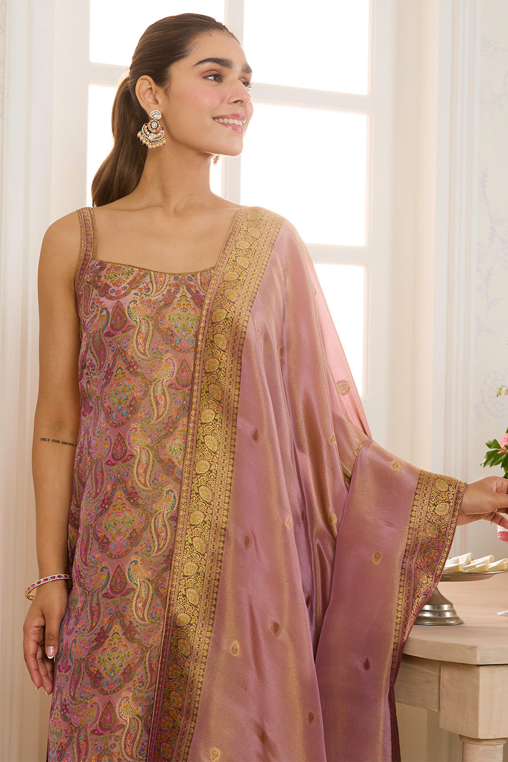 Mauve Banarasi Khaddi Georgette Woven Unstitched Suit Material