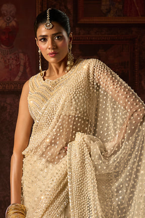 Cream Net Sequins & Cut-Dana Embroidered Saree with Readymade Blouse