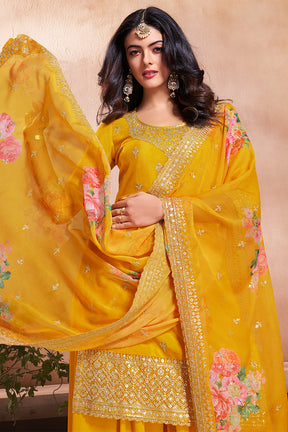 Yellow Crepe Silk Embroidered Suit With Palazzo