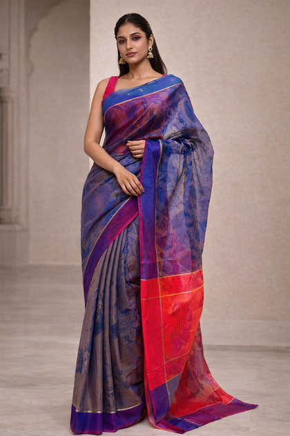 Indigo Chanderi Cotton Printes Saree
