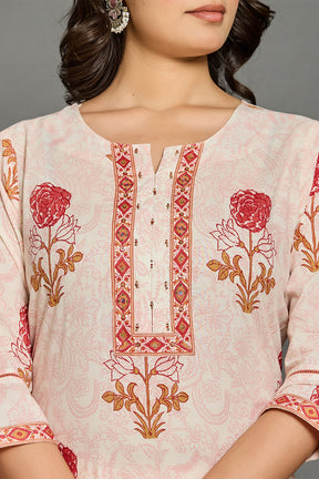 Cream & Red Floral Printed Straight Suit Set