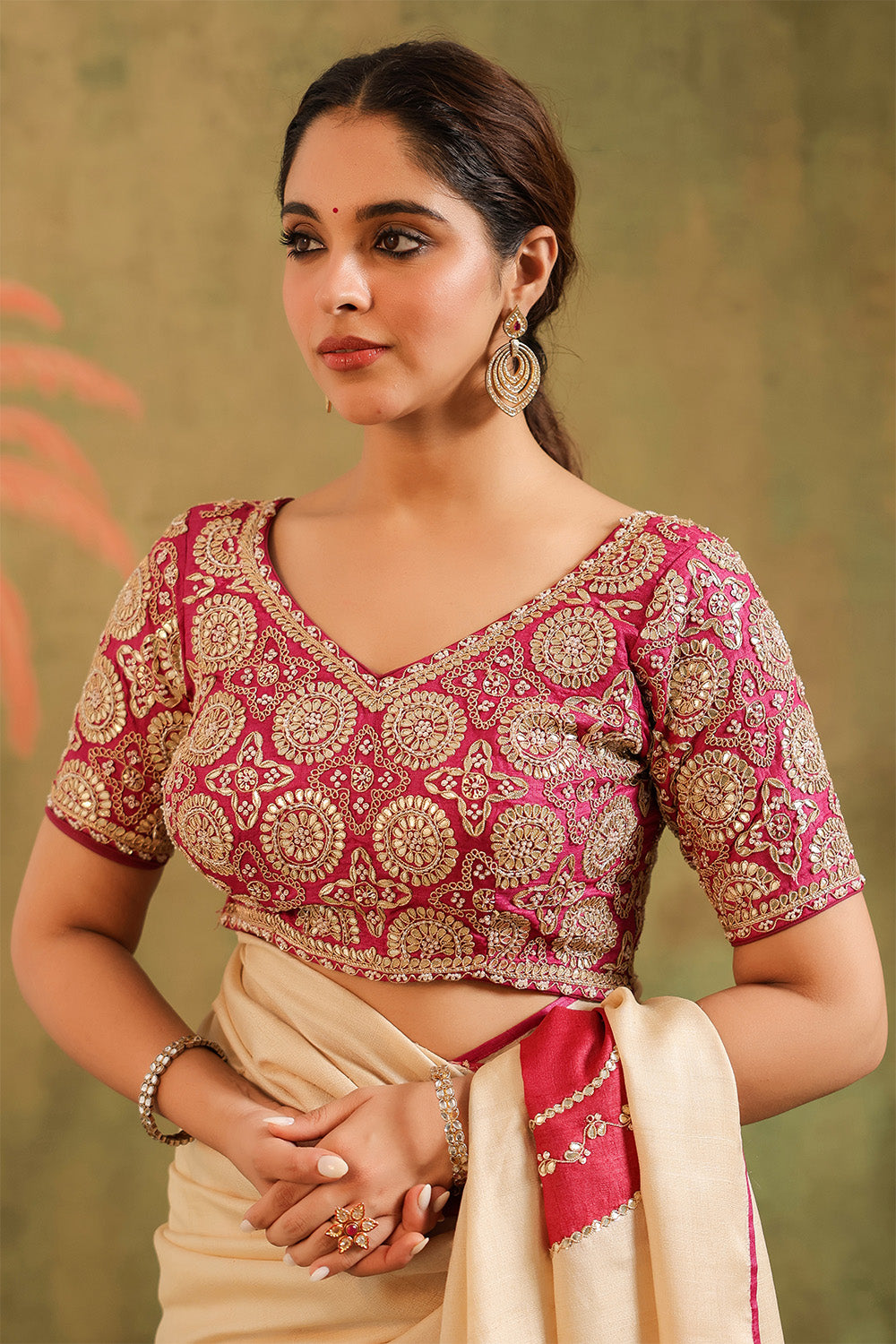 Cream Pure Tussar Zari And Gota-Patti Embroidered Saree