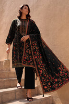 Black Silk Embroidered And Floral Printed Unstitched Suit Fabric