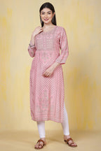 Pink Cotton Silk Printed Kurti