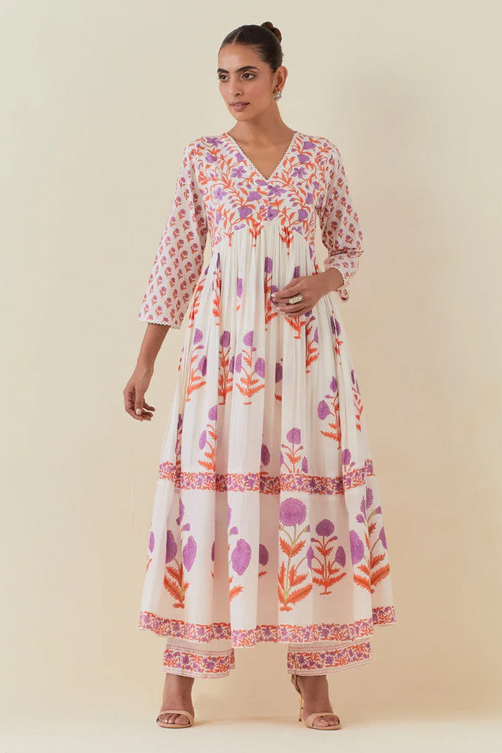 White Color Cotton Floral Printed Anarkali Suit with Palazzo,