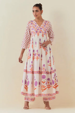 White Color Cotton Floral Printed Anarkali Suit with Palazzo,