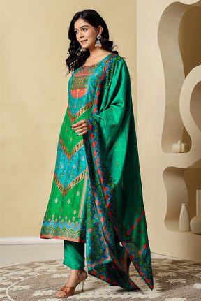 Teal Crepe Silk Printed Suit