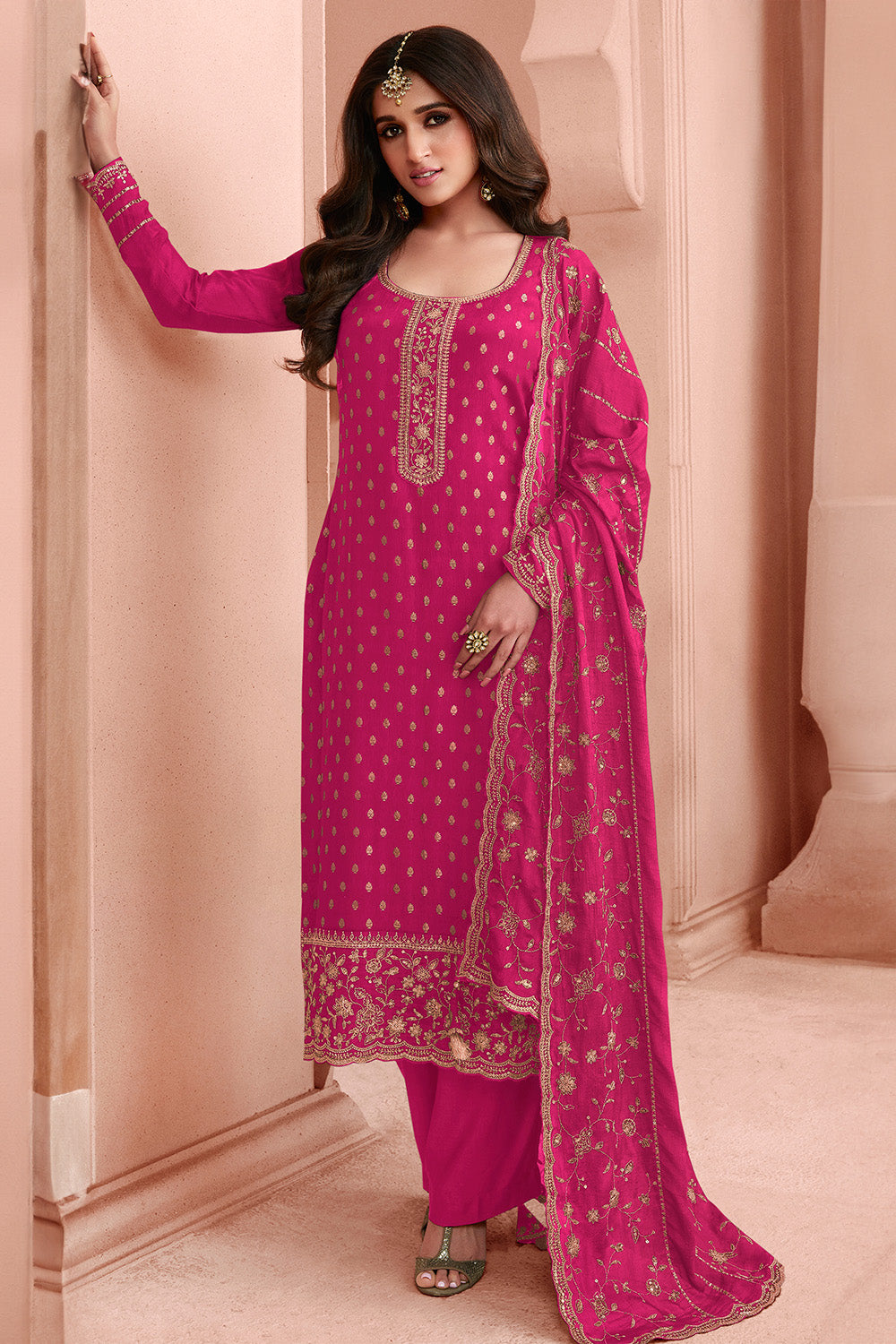 Magenta Color Silk Embroidered & Zari Woven Unstitched Suit Material