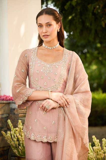 Light Peach Embroidered Suit With Emboirdered Gharara