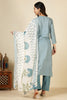 Blue Cotton Emboridered And Printed Suit Set