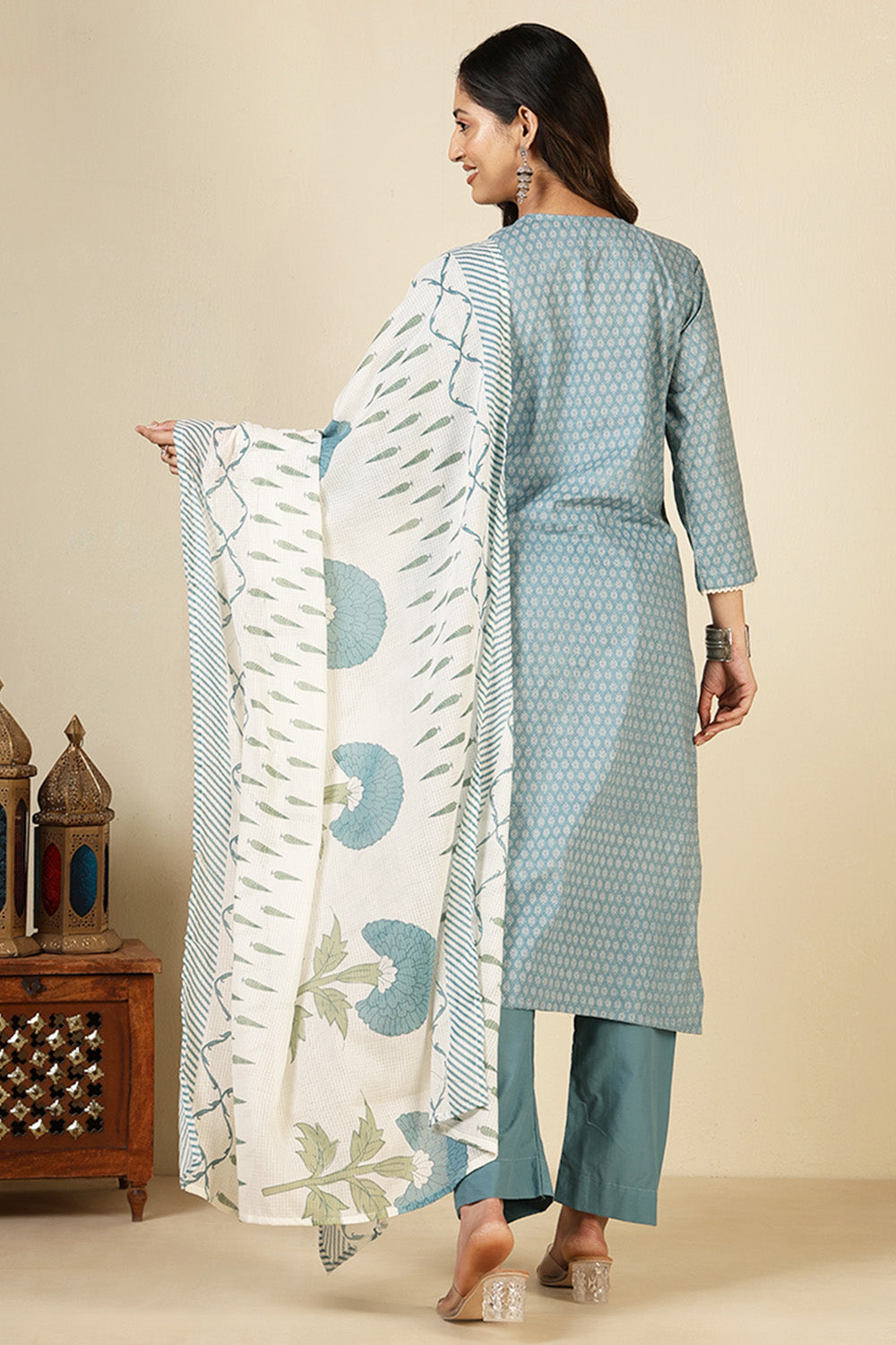 Blue Cotton Emboridered And Printed Suit Set