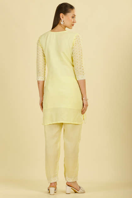 Pale Yellow Cotton Hacoba Style Neck-Embroidered Kurta Set