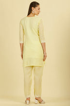Pale Yellow Cotton Hacoba Style Neck-Embroidered Kurta Set