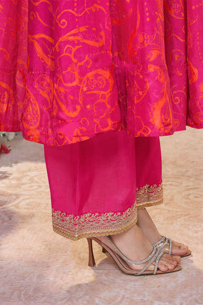 Magenta Pink Printed & Emboridered Anarkali Suit