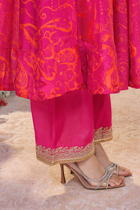 Magenta Pink Printed & Emboridered Anarkali Suit