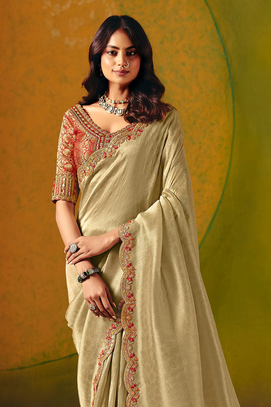 Beige Tissue Silk Border Embroidered Saree With Banarsi Woven Readymade Blouse