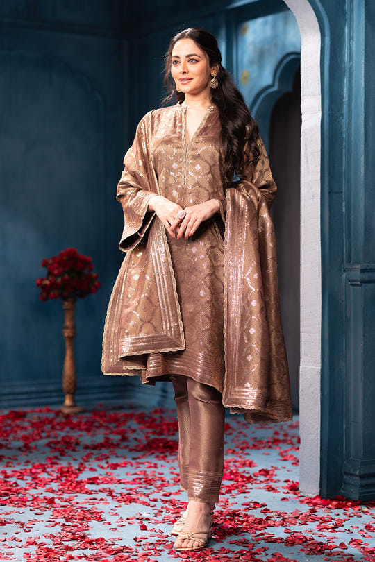 Brown Pure Metallic Tissue Sequins Embroidered Suit