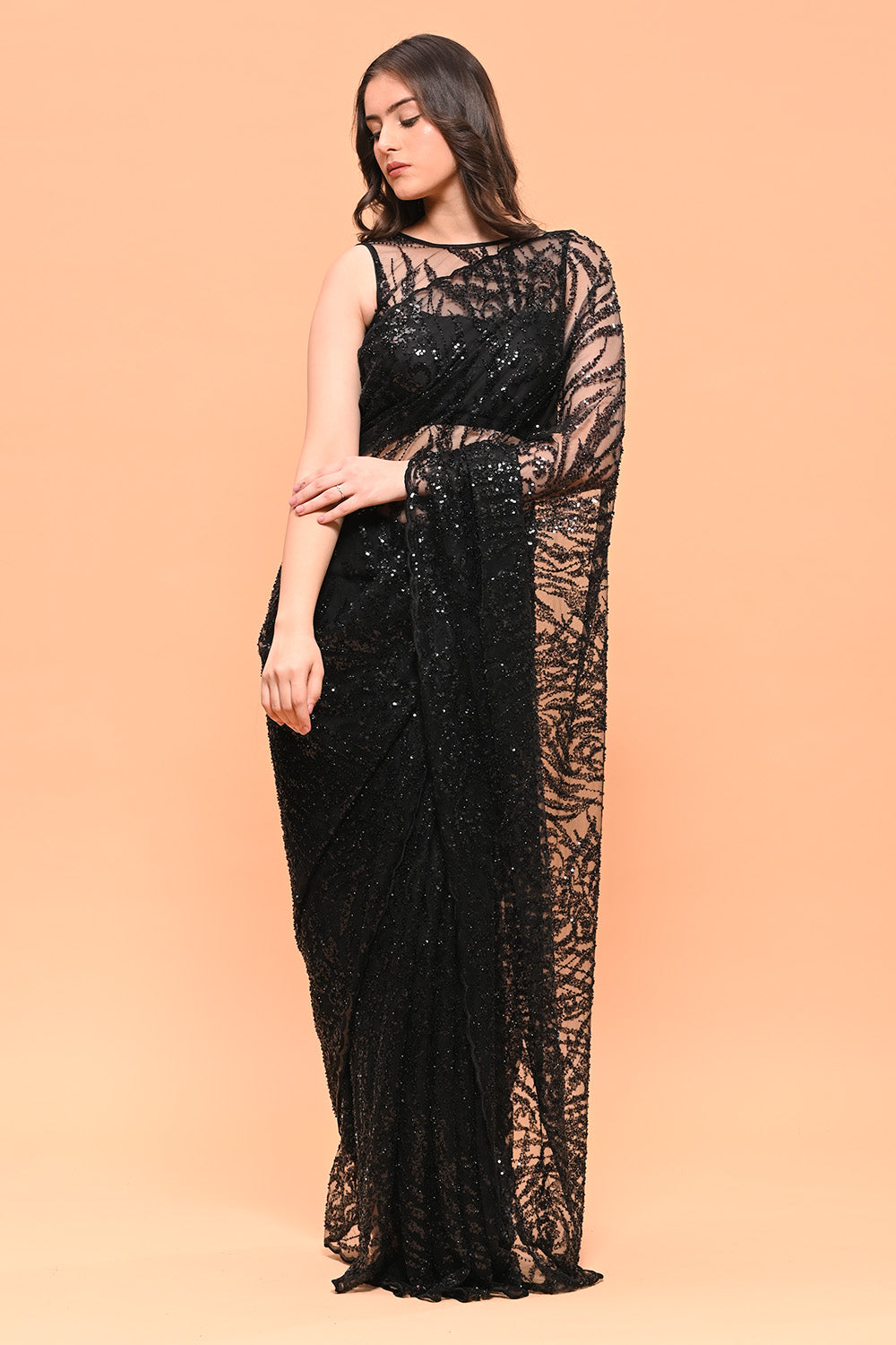 Black Color  Net Sequins and Cut-Dana Embroidered Saree